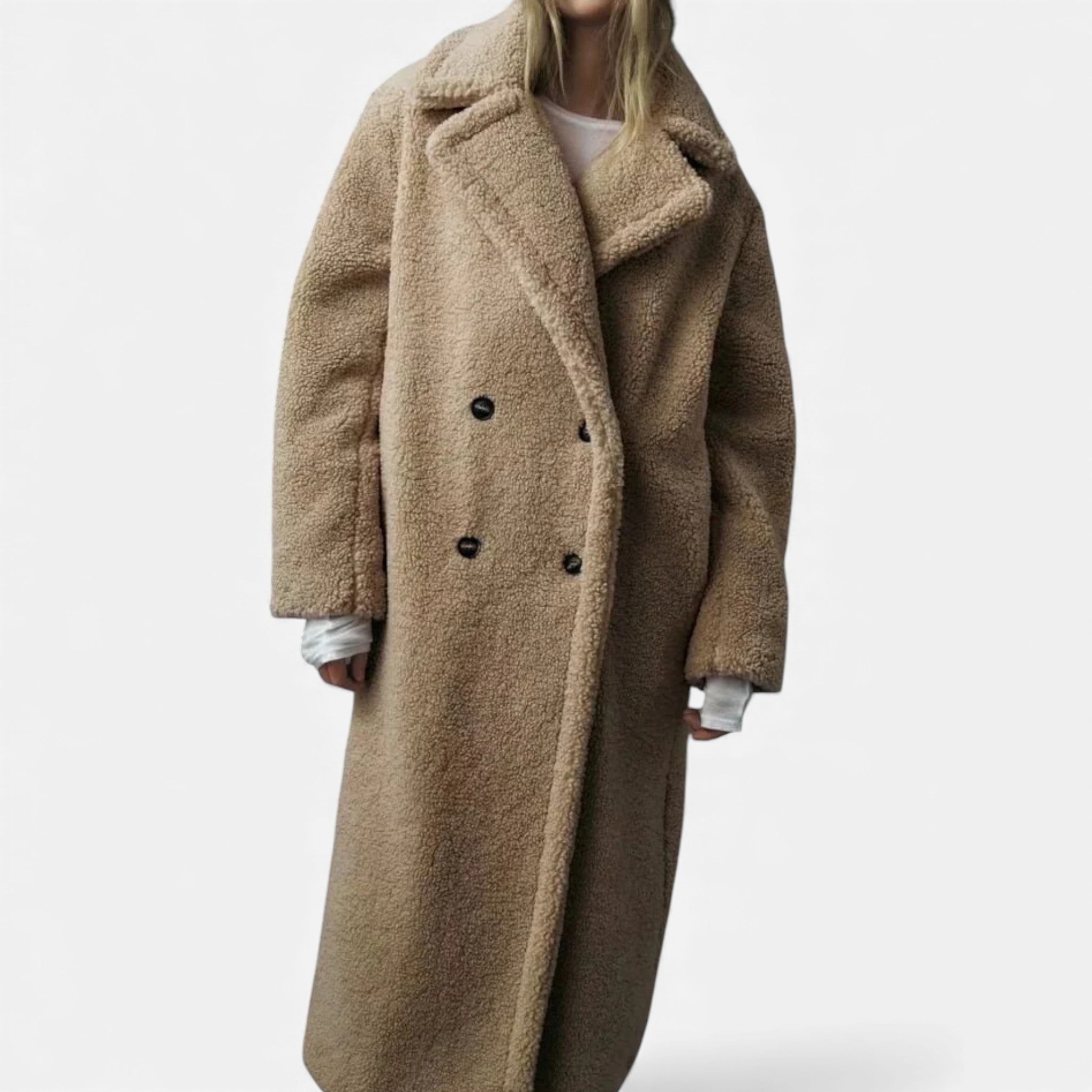 Aveline the Label | Women’s Long Teddy Coat with Double Breasted Front