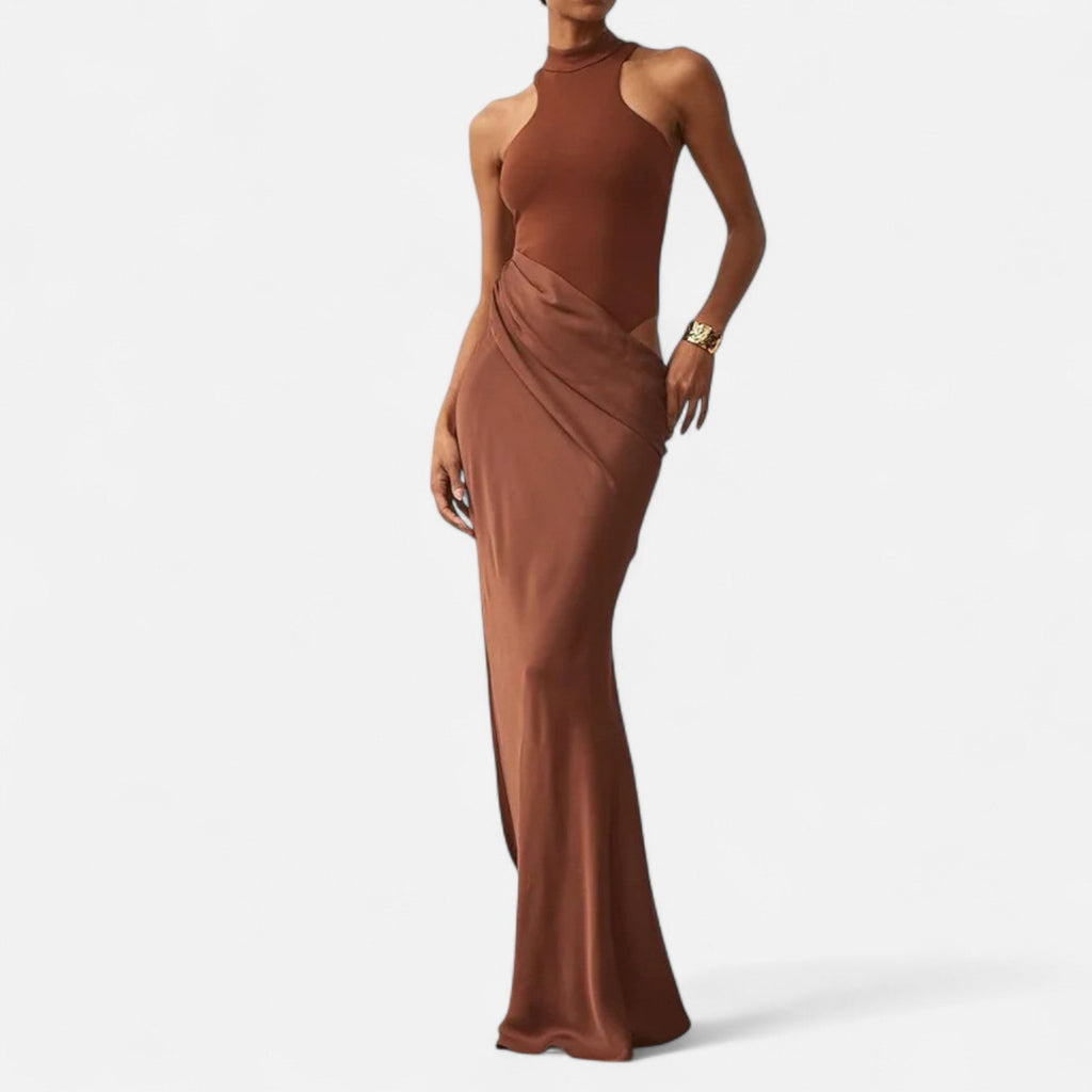 Aveline the Label | Women’s Satin Cut-Out Maxi Dress Silky Grace Sculpted Elegance