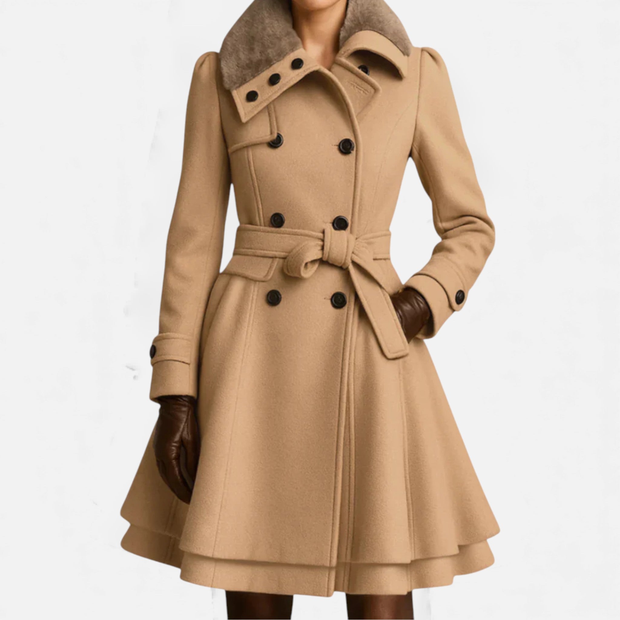 Aveline the Label | Women’s Coat with Belt and Faux Fur Collar – Double-Breasted Long Jacket