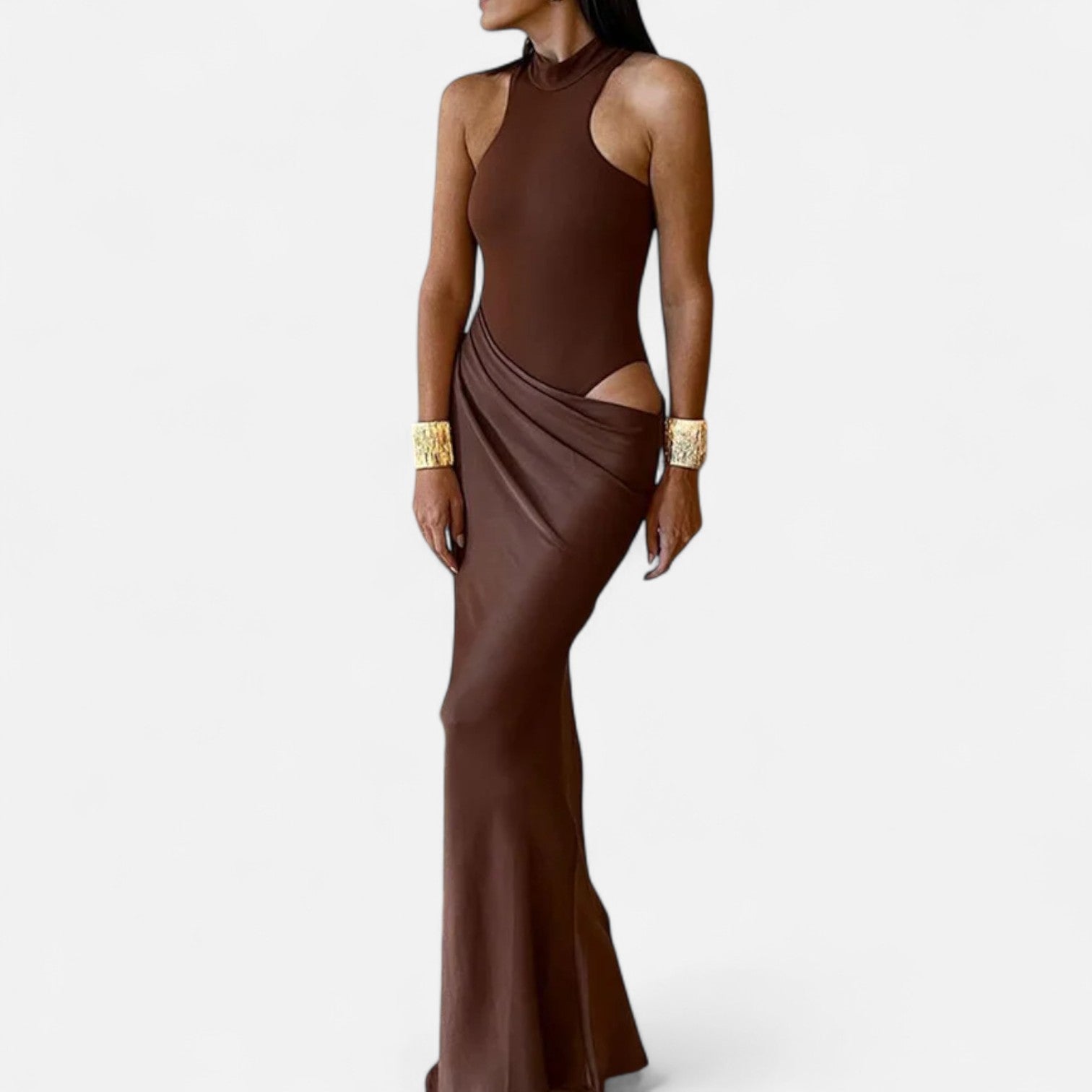 Aveline the Label | Women’s Satin Cut-Out Maxi Dress Silky Grace Sculpted Elegance