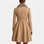 Aveline the Label | Women’s Coat with Belt and Faux Fur Collar – Double-Breasted Long Jacket