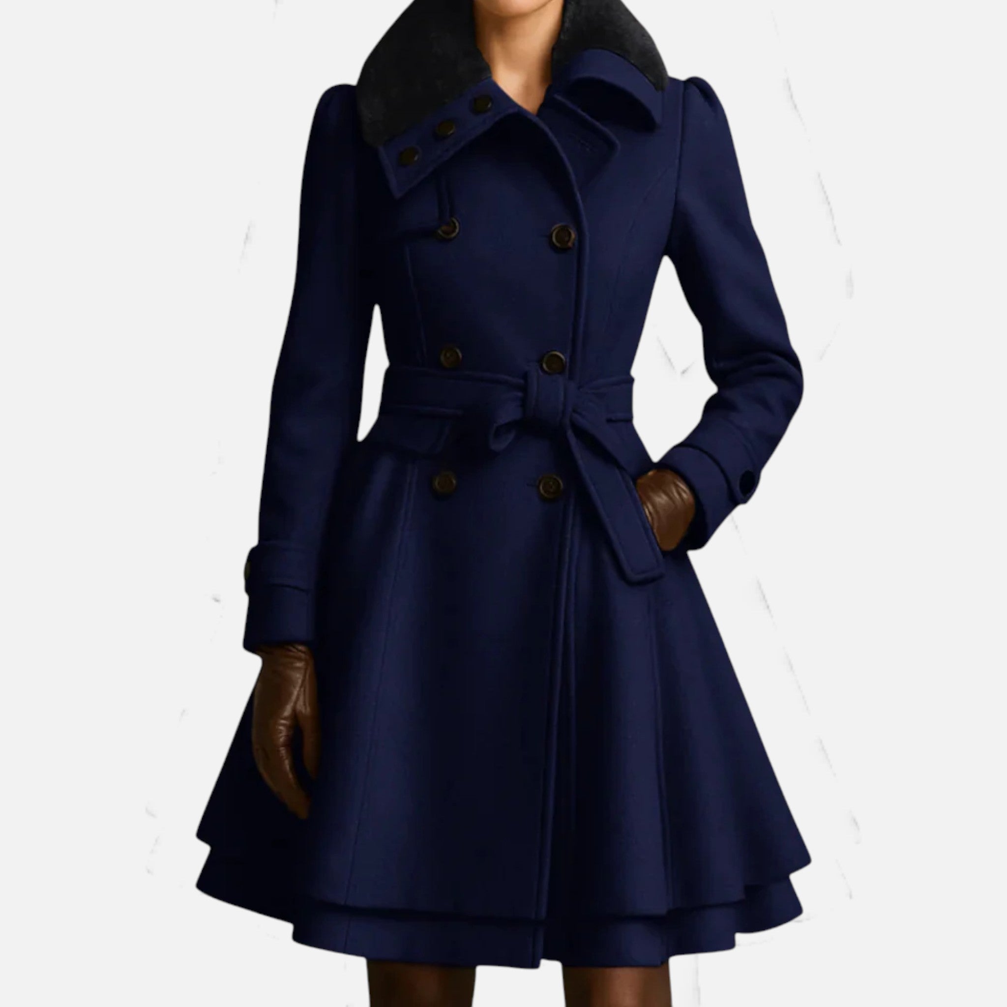 Aveline the Label | Women’s Coat with Belt and Faux Fur Collar – Double-Breasted Long Jacket