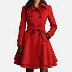 Aveline the Label | Women’s Coat with Belt and Faux Fur Collar – Double-Breasted Long Jacket