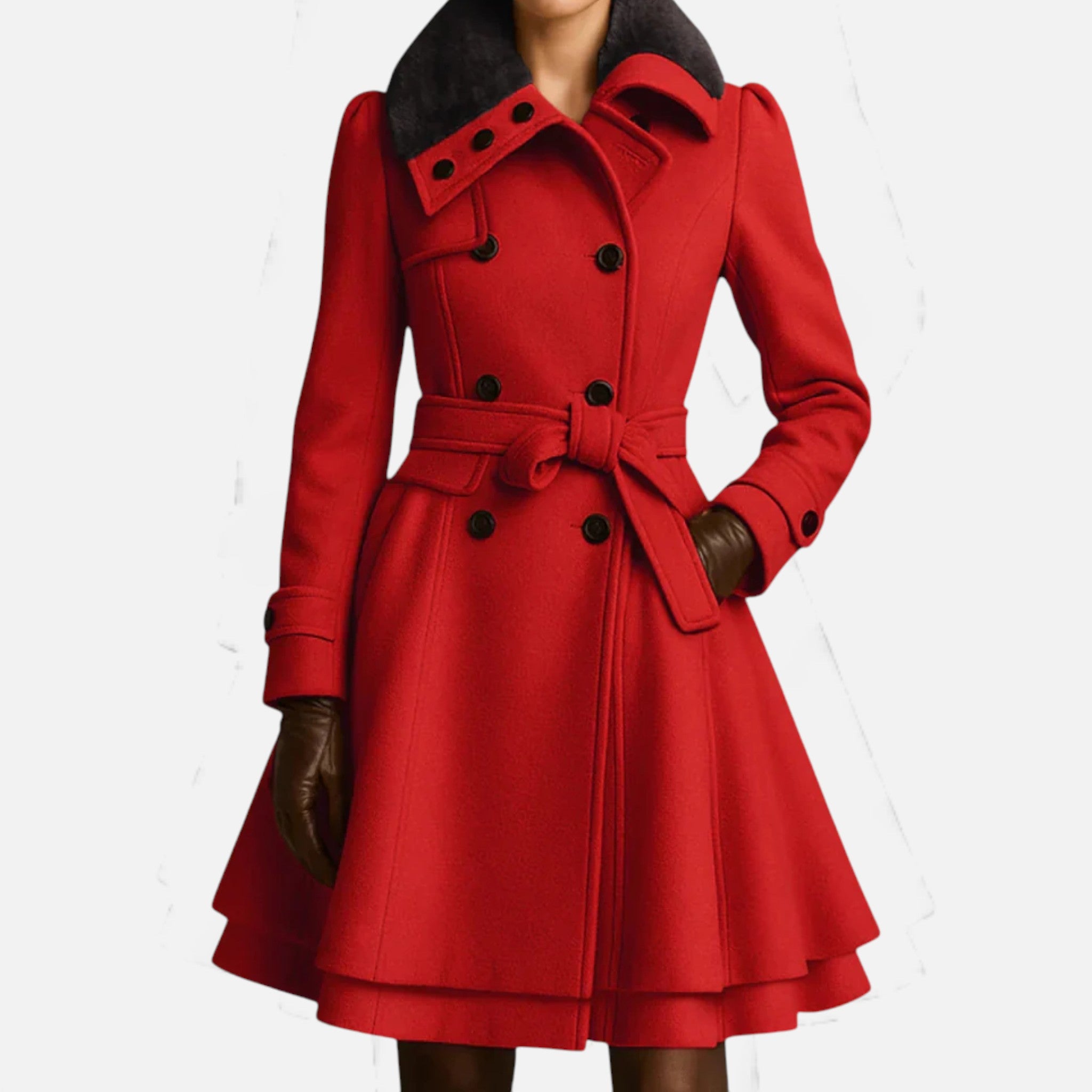 Aveline the Label | Women’s Coat with Belt and Faux Fur Collar – Double-Breasted Long Jacket