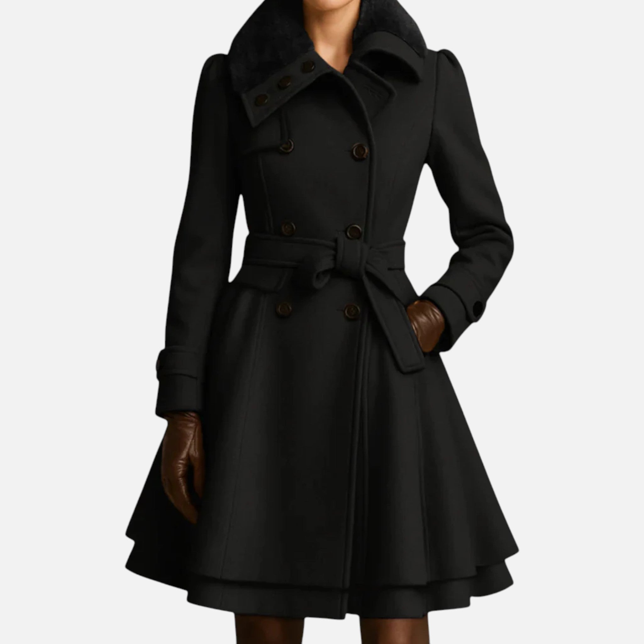 Aveline the Label | Women’s Coat with Belt and Faux Fur Collar – Double-Breasted Long Jacket