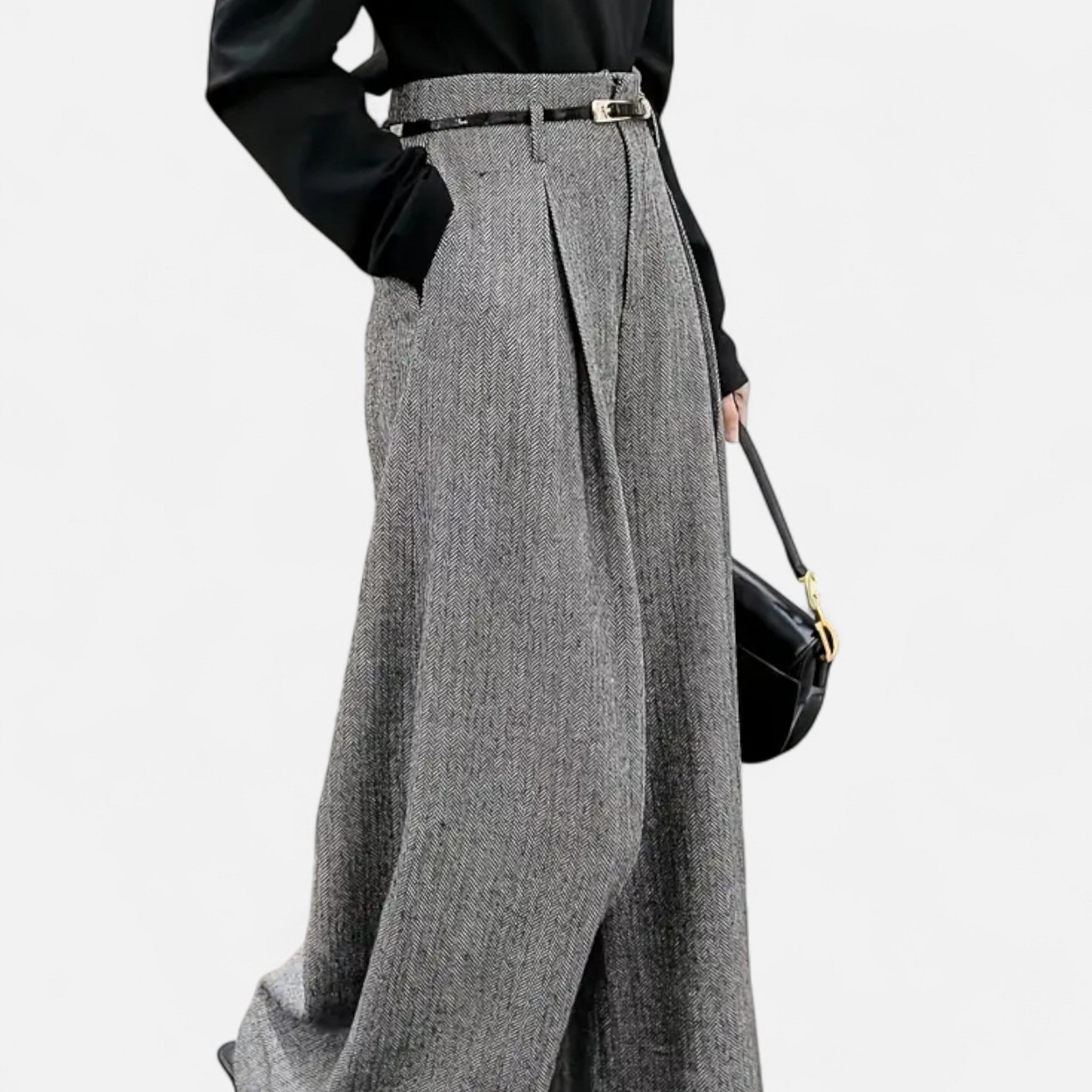 Aveline the Label | Women’s High-Waist Tweed Wide-Leg Pants with Pleated Detail