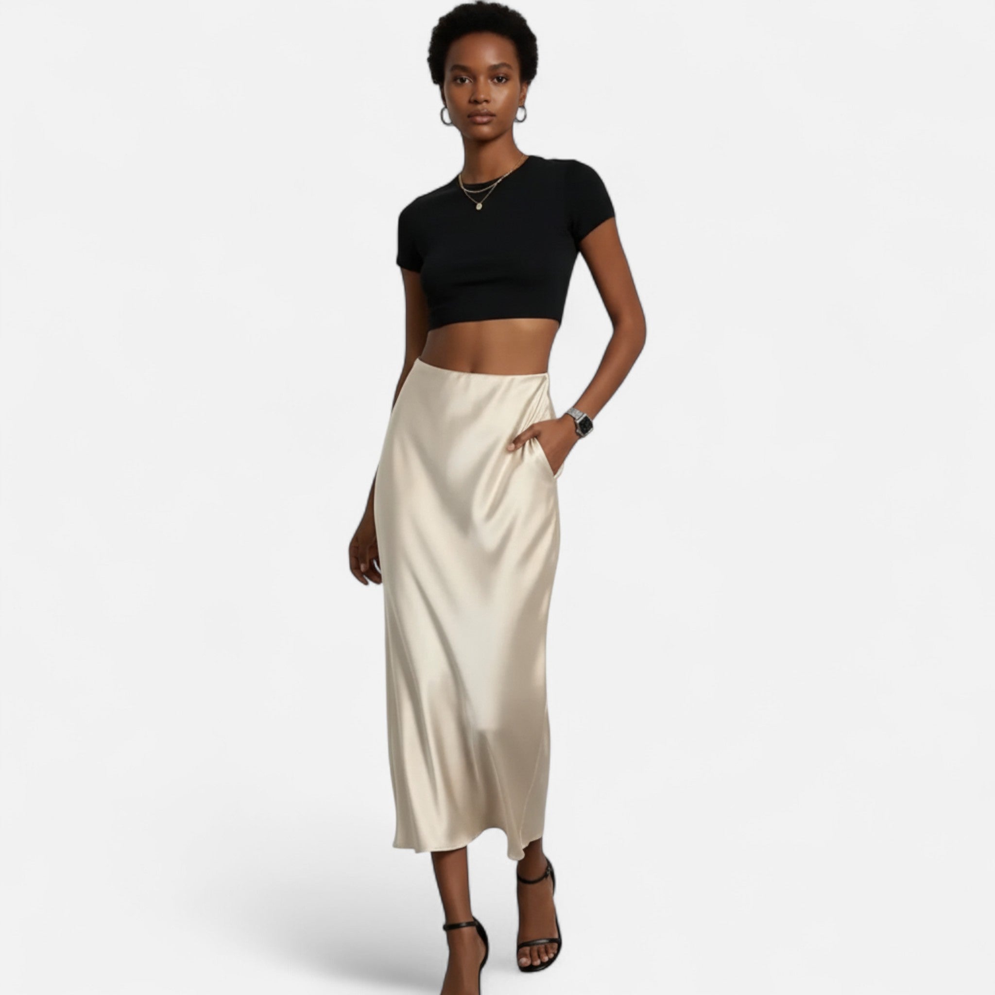Aveline the Label | Women’s High-Waist Satin Midi Skirt