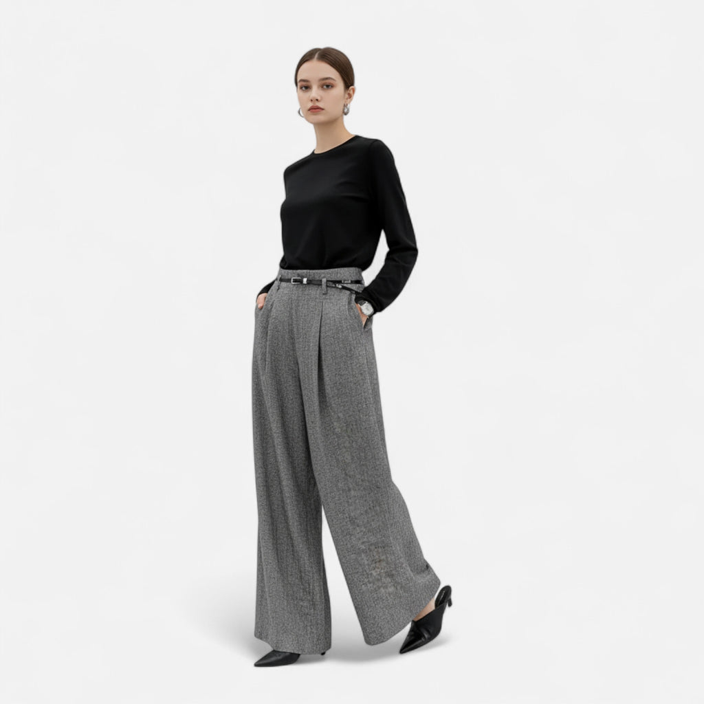Aveline the Label | Women’s High-Waist Tweed Wide-Leg Pants with Pleated Detail