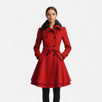 Aveline the Label | Women’s Coat with Belt and Faux Fur Collar – Double-Breasted Long Jacket
