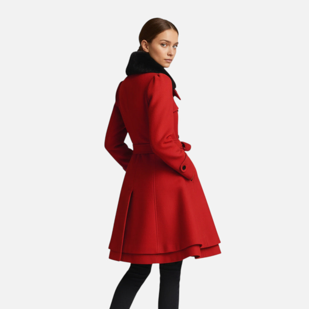 Aveline the Label | Women’s Coat with Belt and Faux Fur Collar – Double-Breasted Long Jacket