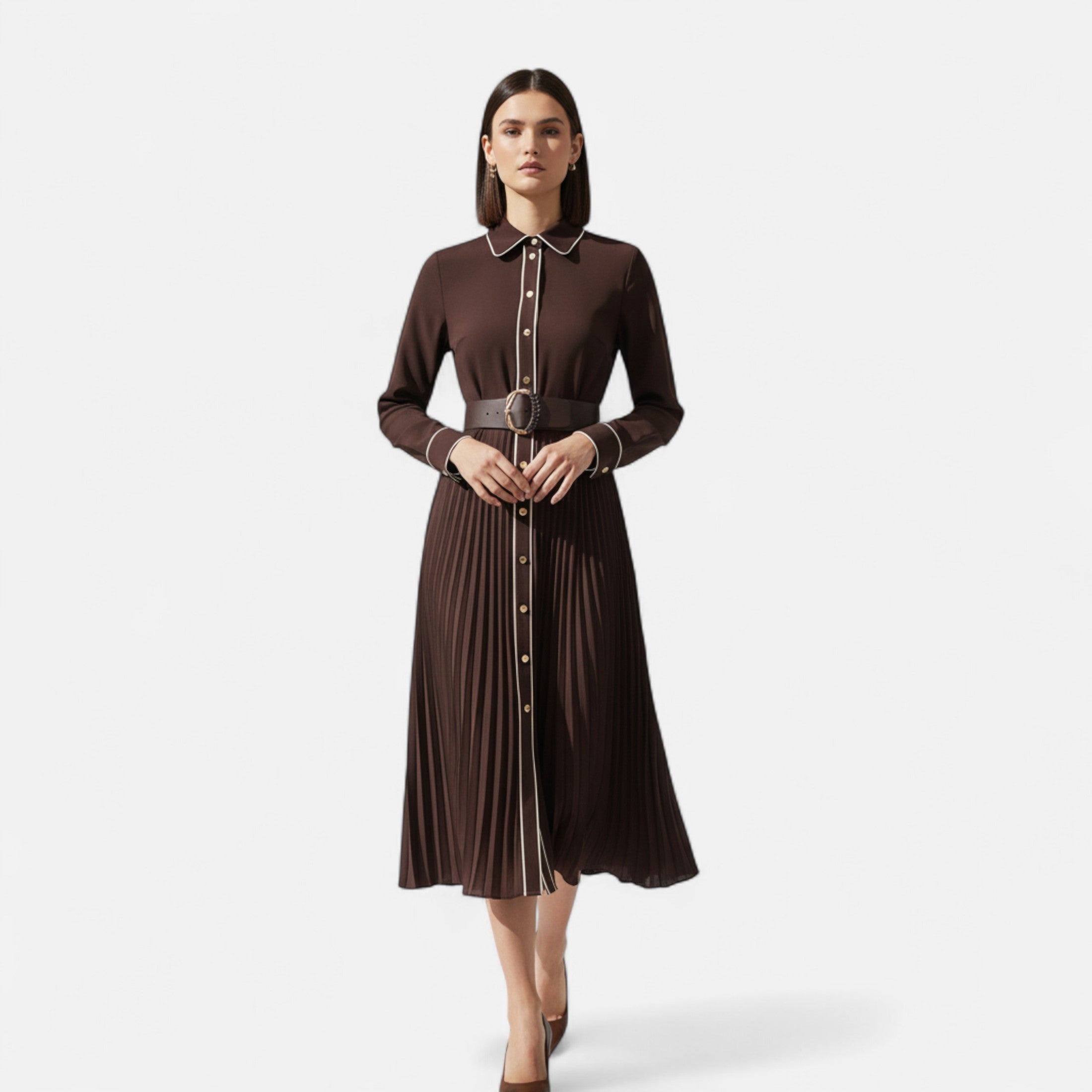 Aveline the Label | Women’s Elegant Chiffon Midi Dress with Turn Down Collar
