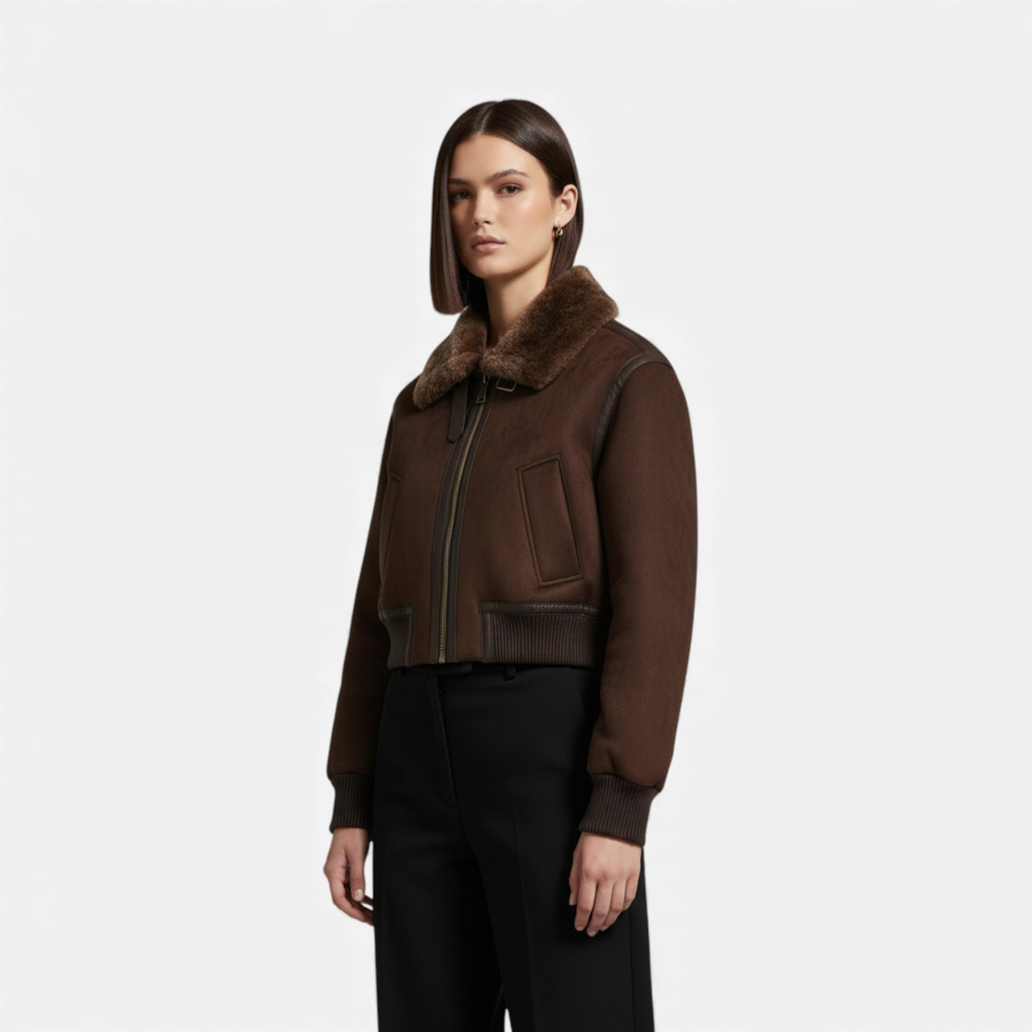 Aveline the Label | Women’s Brown Bomber Jacket with Faux Fur Trim