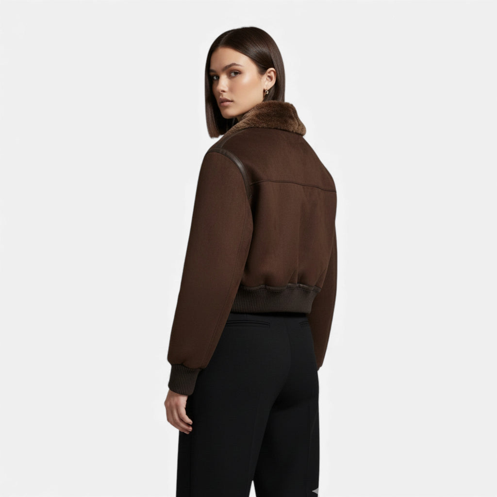 Aveline the Label | Women’s Brown Bomber Jacket with Faux Fur Trim