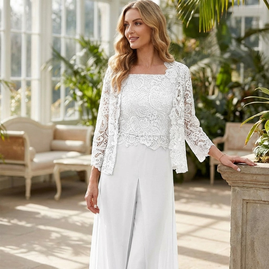 Women’s Structured Pantsuit Set – Lace Jacket Split Hem