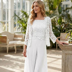 Women’s Structured Pantsuit Set – Lace Jacket Split Hem