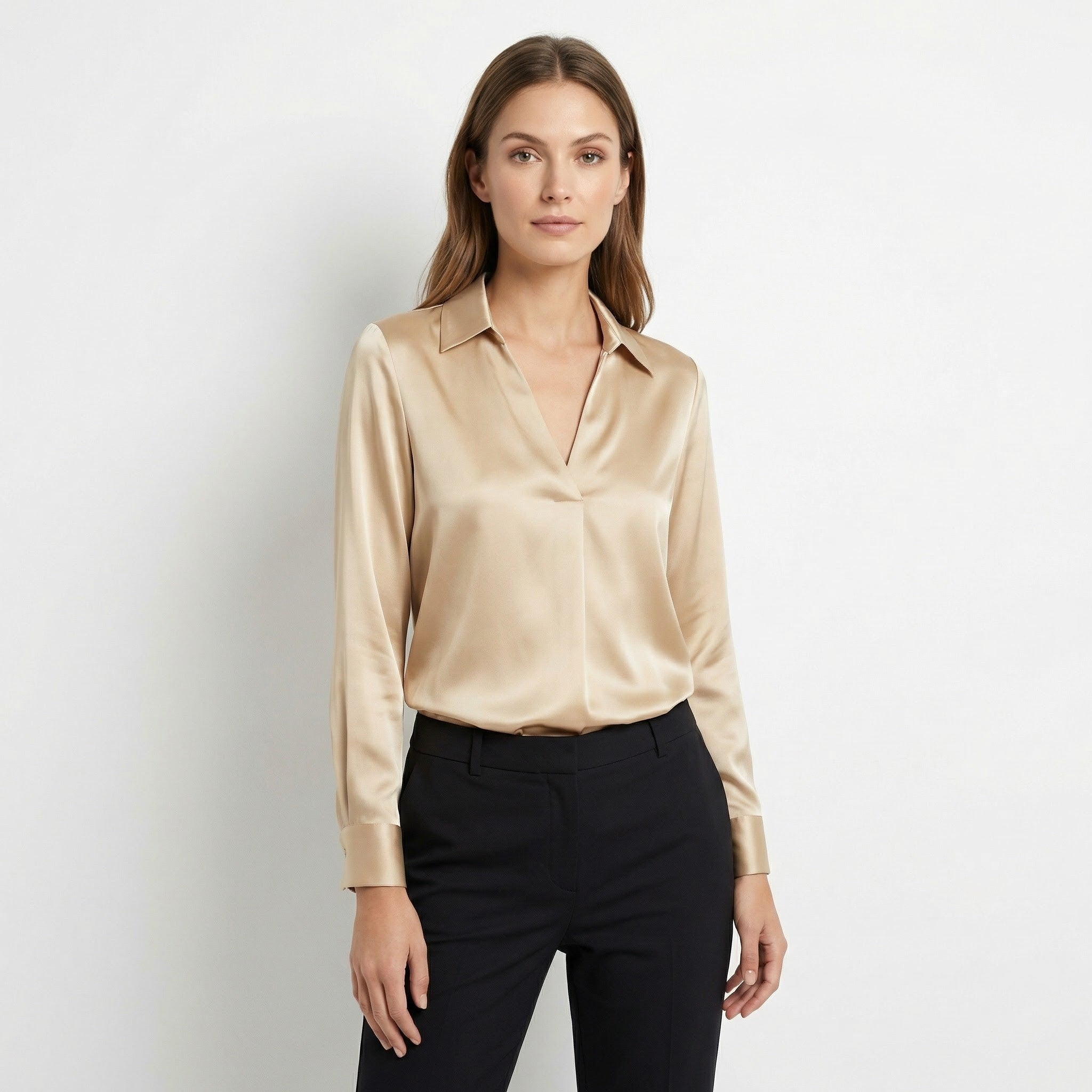 Women’s Satin V-Neck Blouse – Long Sleeve Design