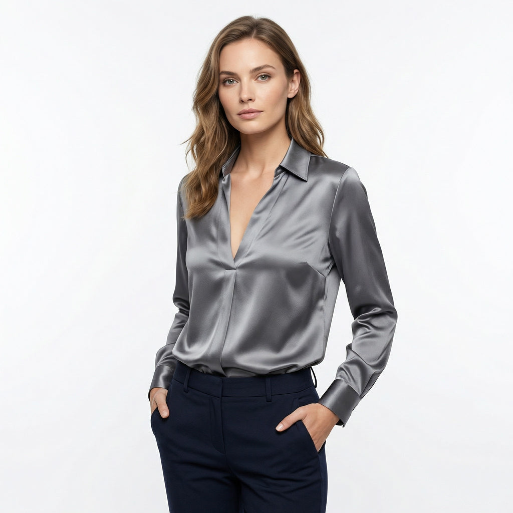 Women’s Satin V-Neck Blouse – Long Sleeve Design