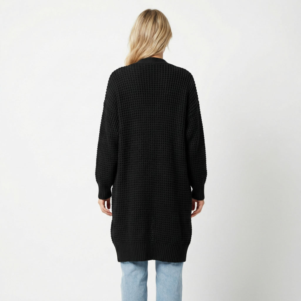 Women’s Long V-Neck Cardigan – Rib-Knit Silhouette