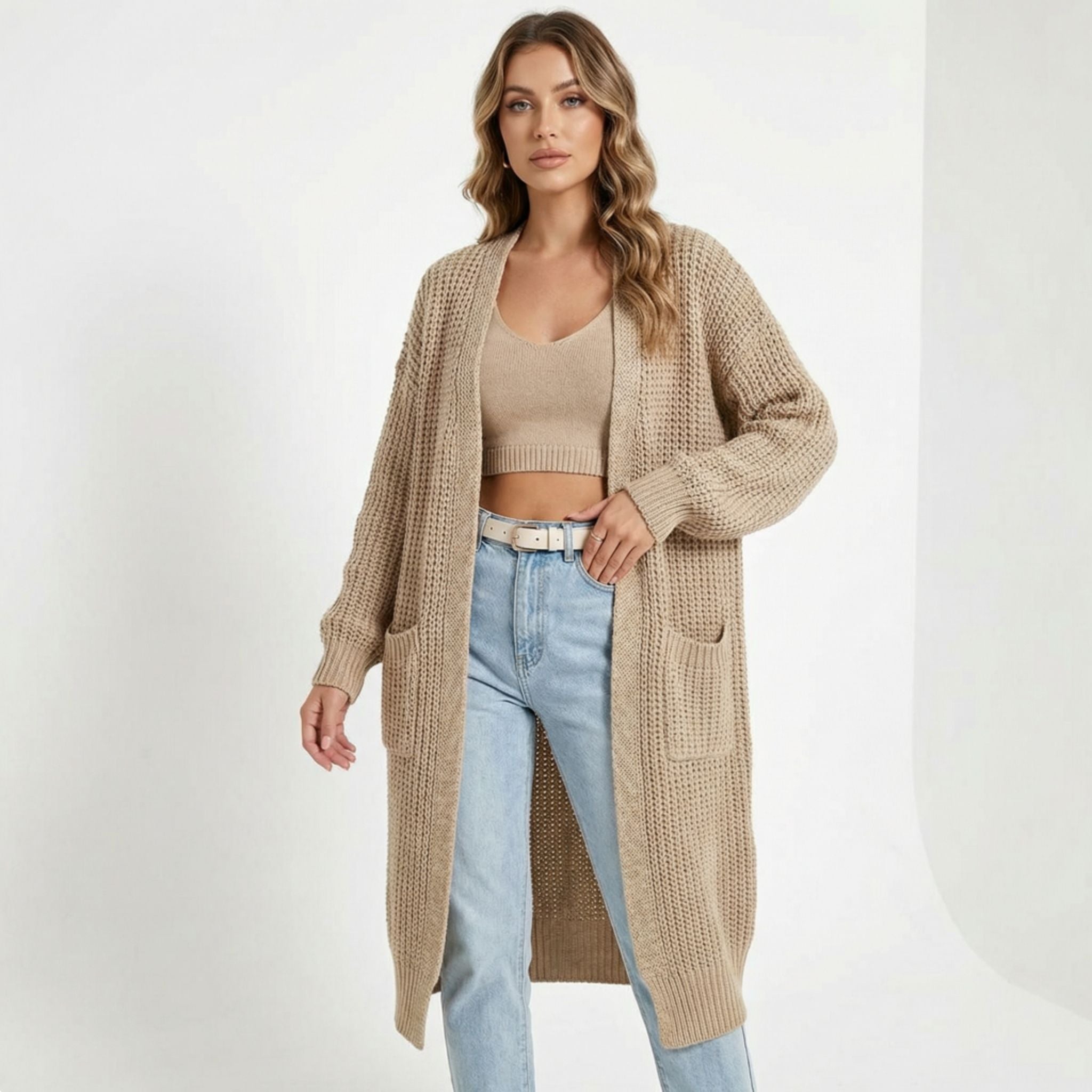 Women’s Long V-Neck Cardigan – Rib-Knit Silhouette