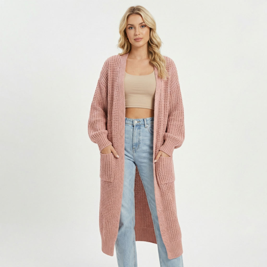 Women’s Long V-Neck Cardigan – Rib-Knit Silhouette