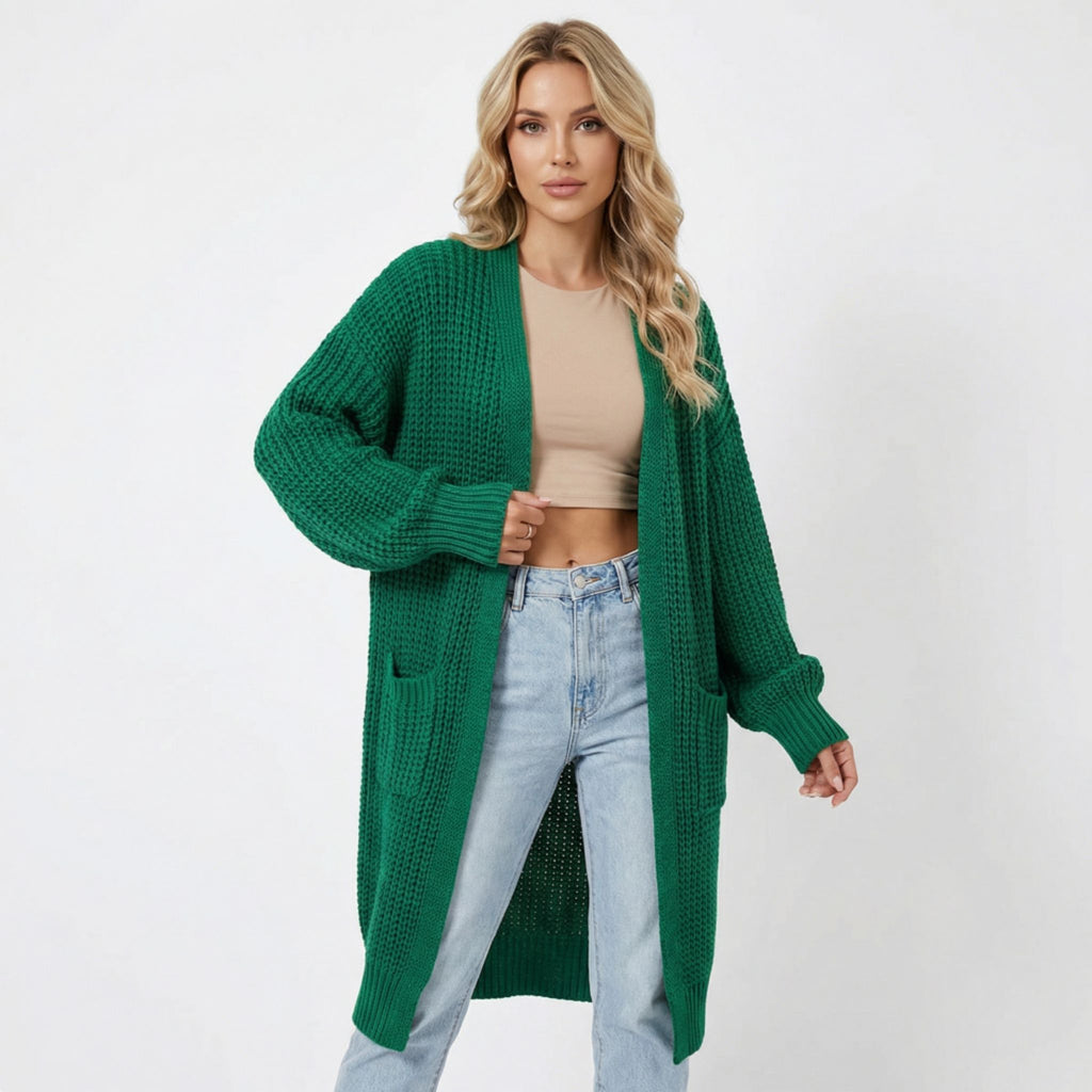 Women’s Long V-Neck Cardigan – Rib-Knit Silhouette