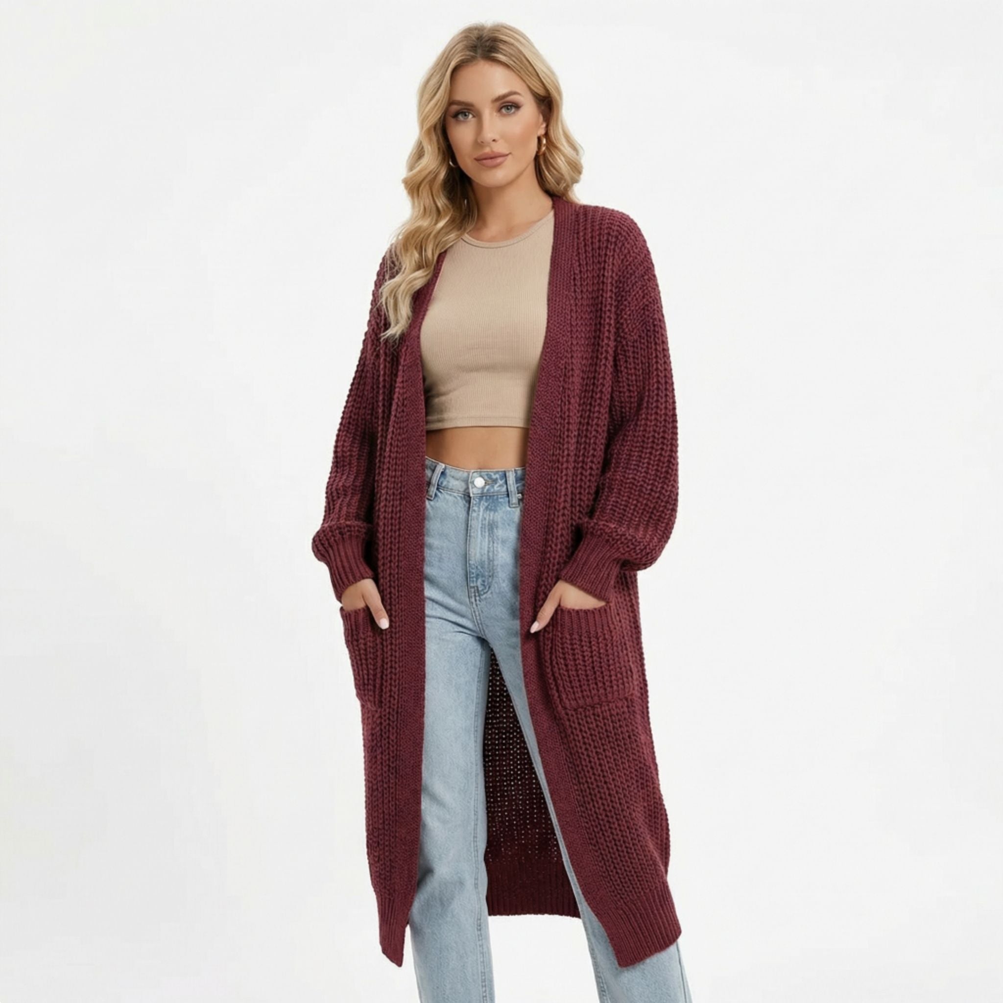 Women’s Long V-Neck Cardigan – Rib-Knit Silhouette