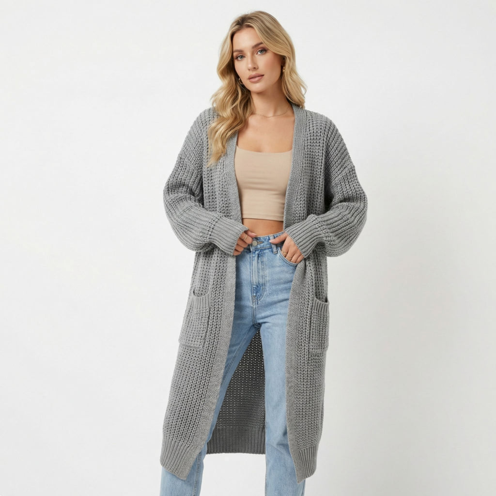 Women’s Long V-Neck Cardigan – Rib-Knit Silhouette