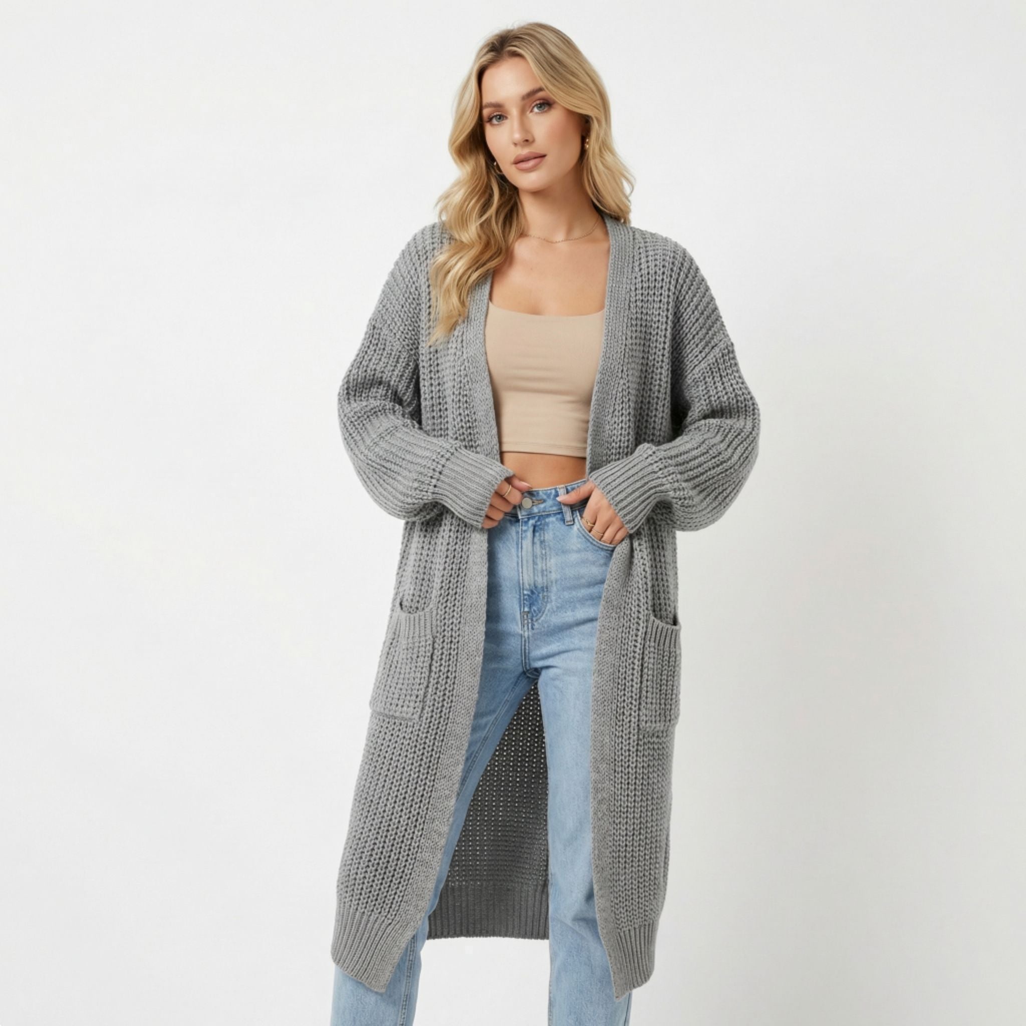 Women’s Long V-Neck Cardigan – Rib-Knit Silhouette