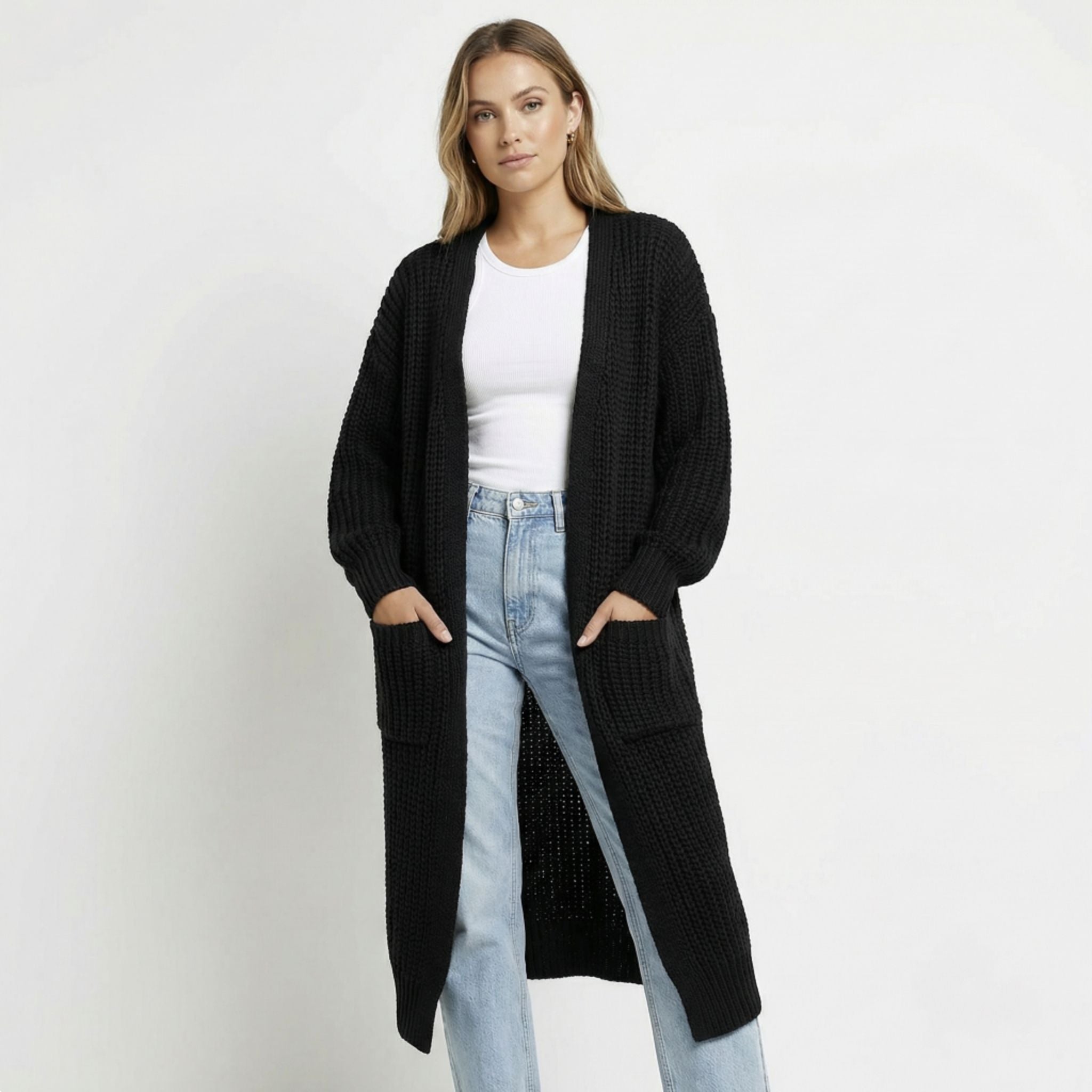 Women’s Long V-Neck Cardigan – Rib-Knit Silhouette