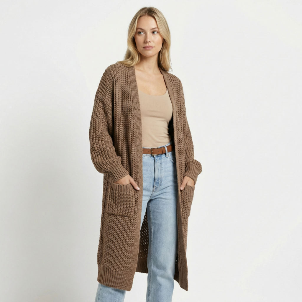 Women’s Long V-Neck Cardigan – Rib-Knit Silhouette