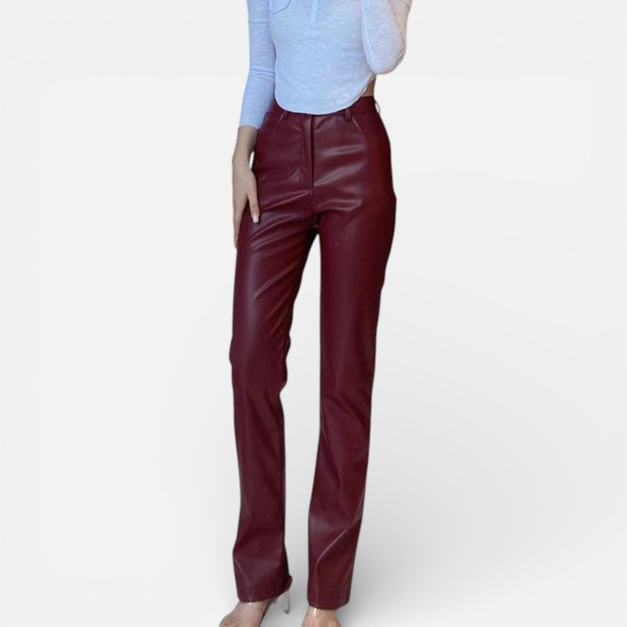 Aveline the Label | Women’s Faux Leather Straight-Leg Pants with Zipper Fly