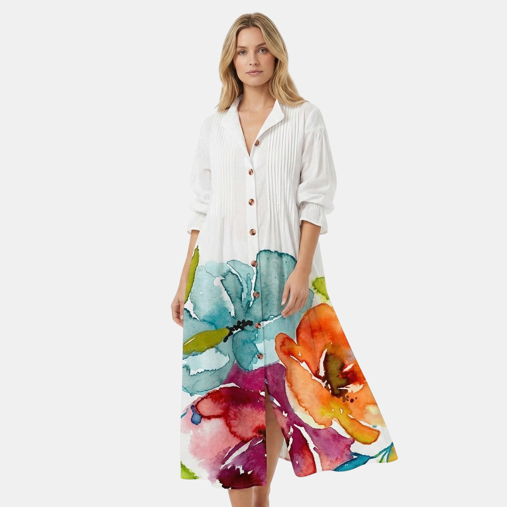 Women’s Printed Button Front Dress – Long Sleeve Loose Fit Design