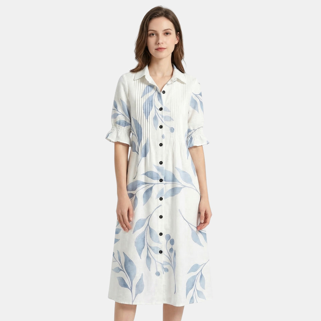 Women’s Printed Button Front Dress – Long Sleeve Loose Fit Design