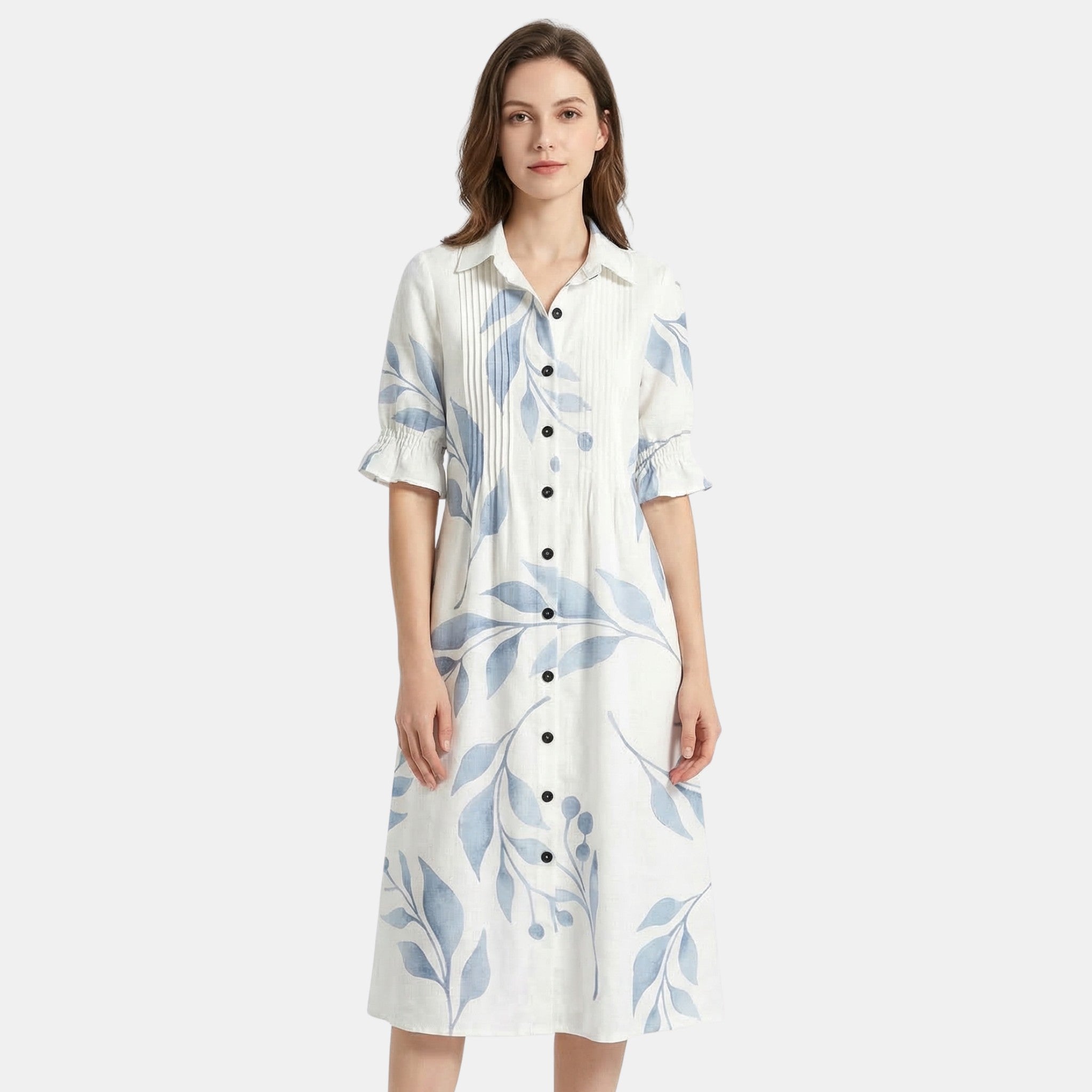Women’s Printed Button Front Dress – Long Sleeve Loose Fit Design