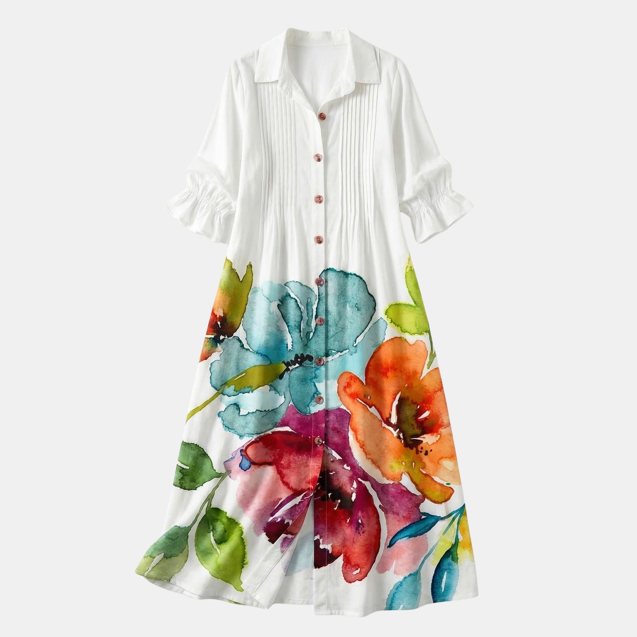 Women’s Printed Button Front Dress – Long Sleeve Loose Fit Design