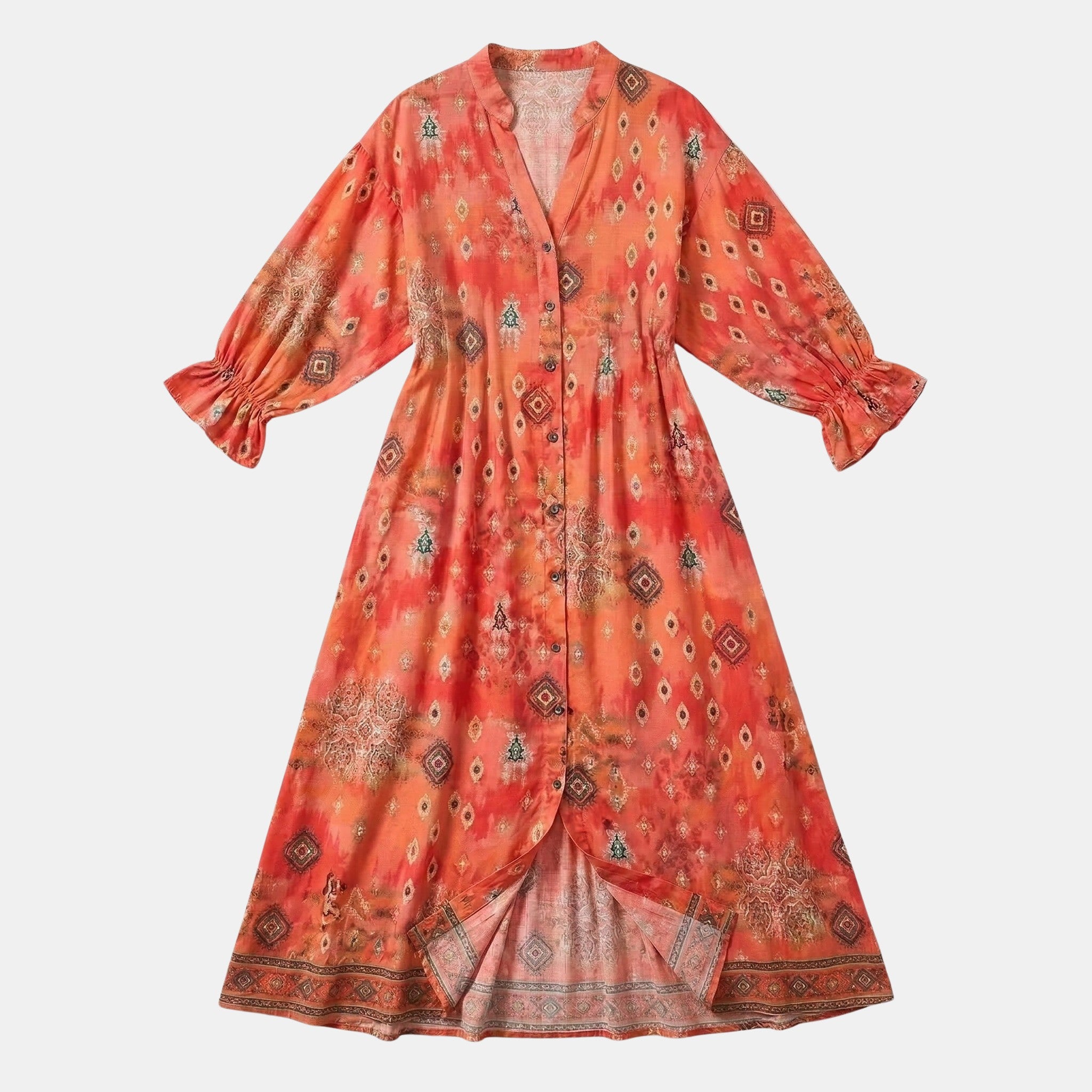 Women’s Printed Button Front Dress – Long Sleeve Loose Fit Design