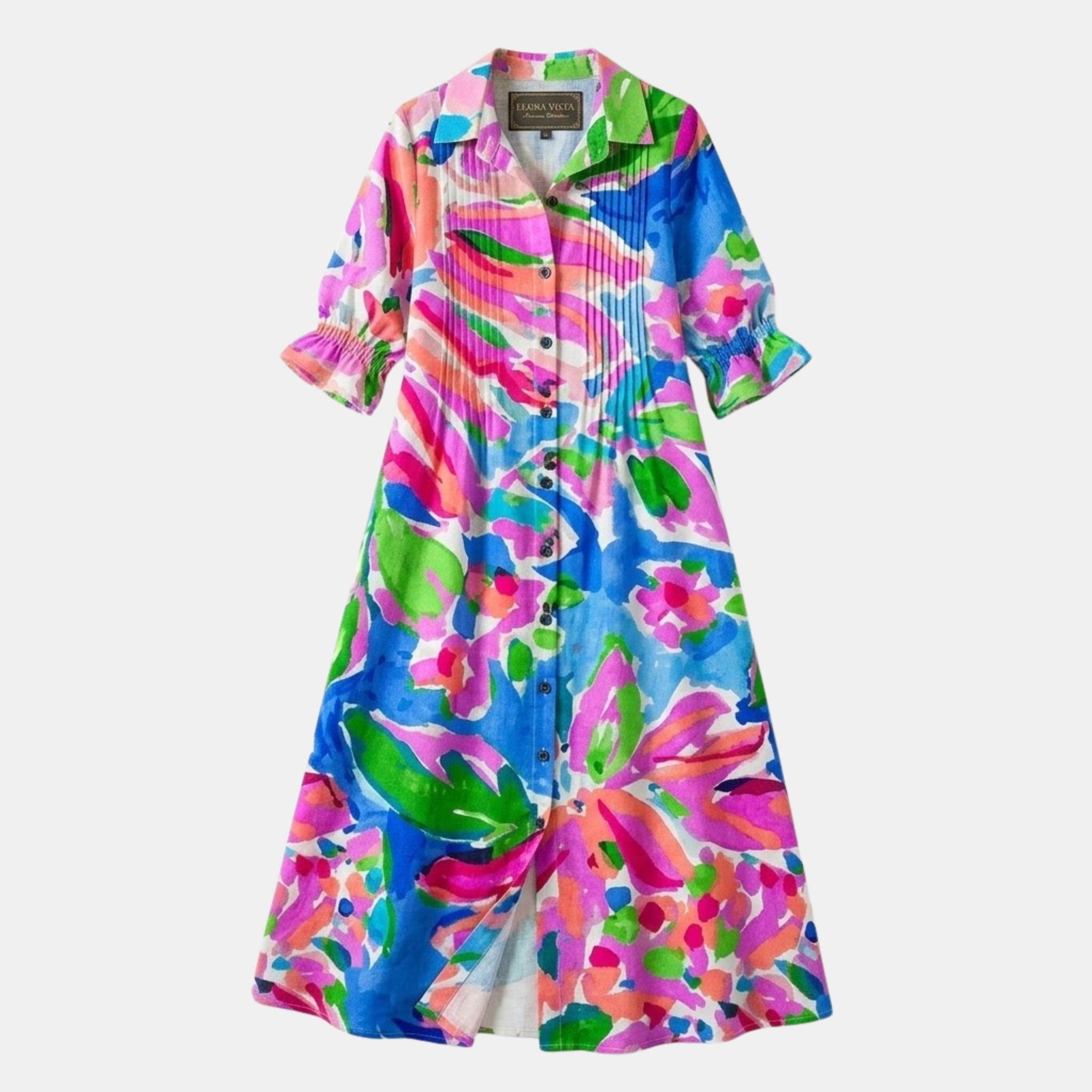 Women’s Printed Button Front Dress – Long Sleeve Loose Fit Design