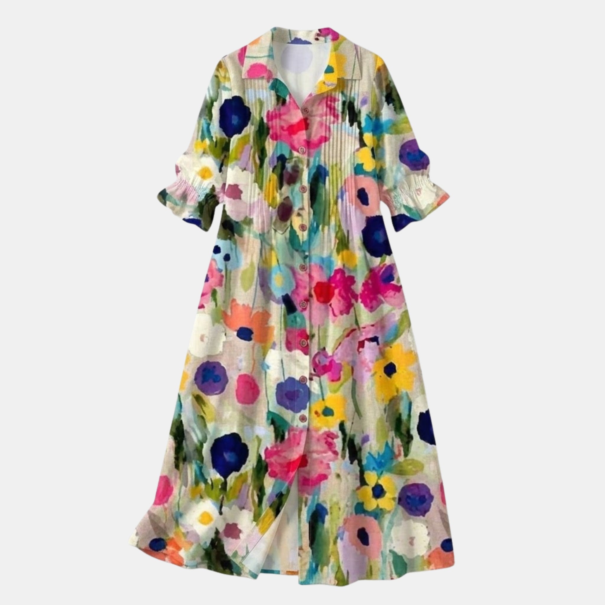 Women’s Printed Button Front Dress – Long Sleeve Loose Fit Design