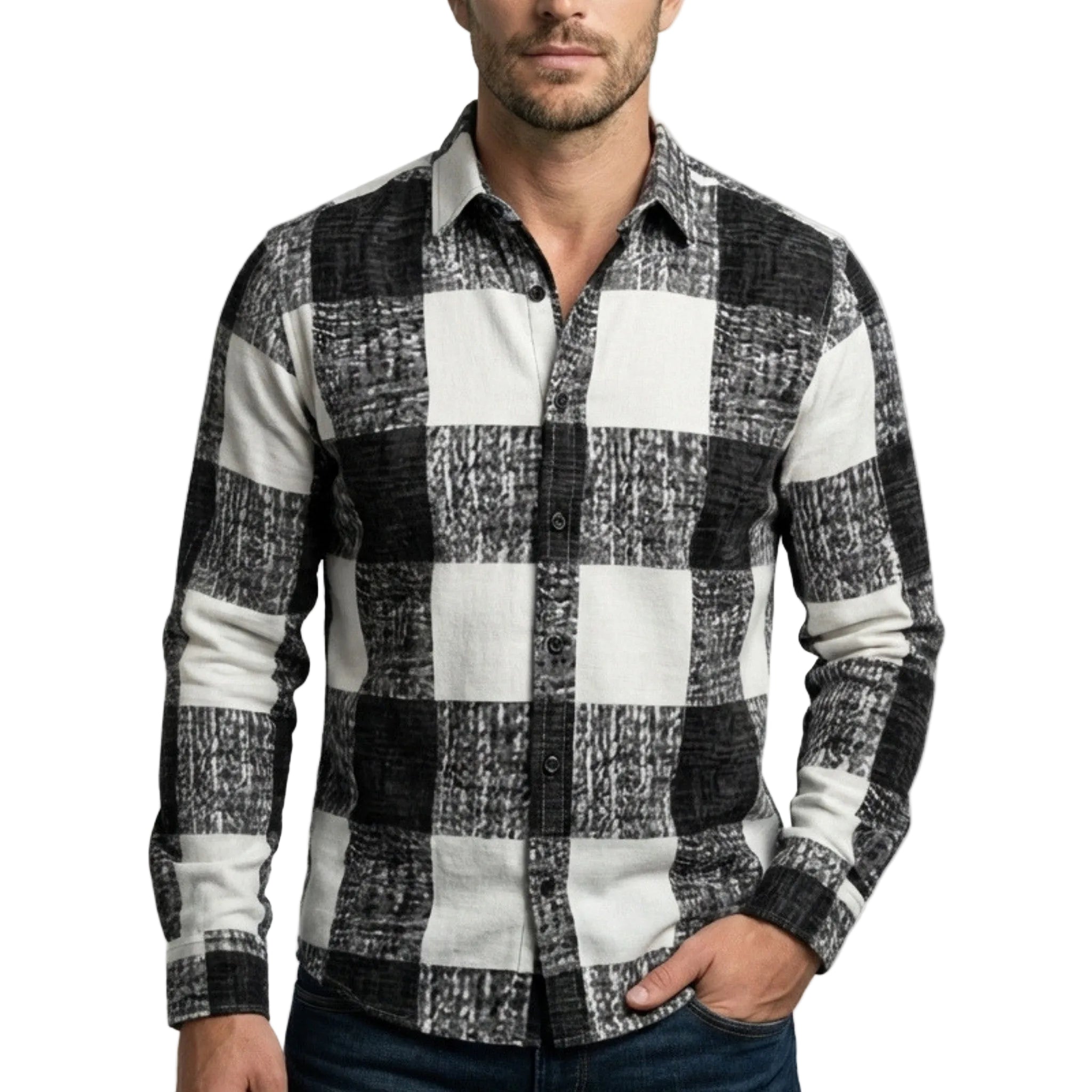 Men’s Button Up Shirt – Long Sleeve Plaid Pattern