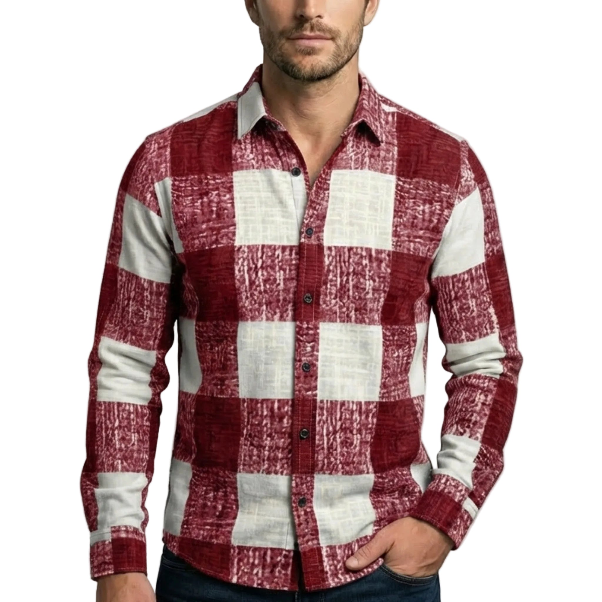 Men’s Button Up Shirt – Long Sleeve Plaid Pattern