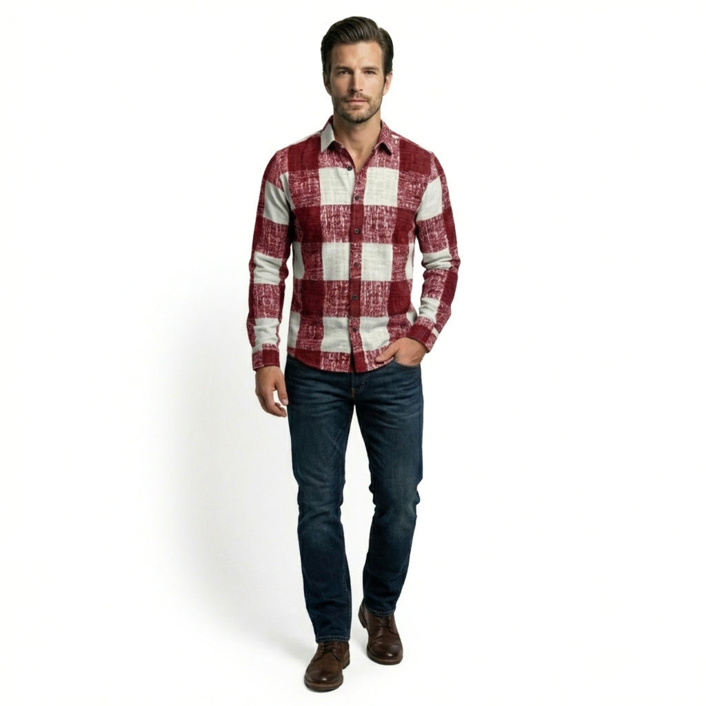 Men’s Button Up Shirt – Long Sleeve Plaid Pattern