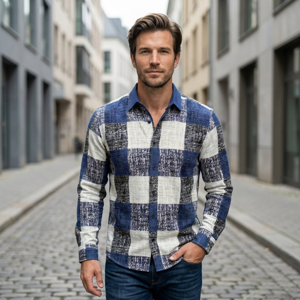 Men’s Button Up Shirt – Long Sleeve Plaid Pattern