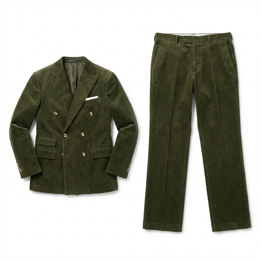 Men’s Tailored Double Breasted Suit Set – Six Button Corduroy