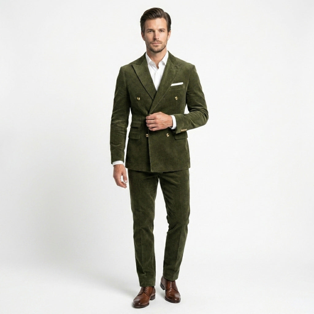 Men’s Tailored Double Breasted Suit Set – Six Button Corduroy