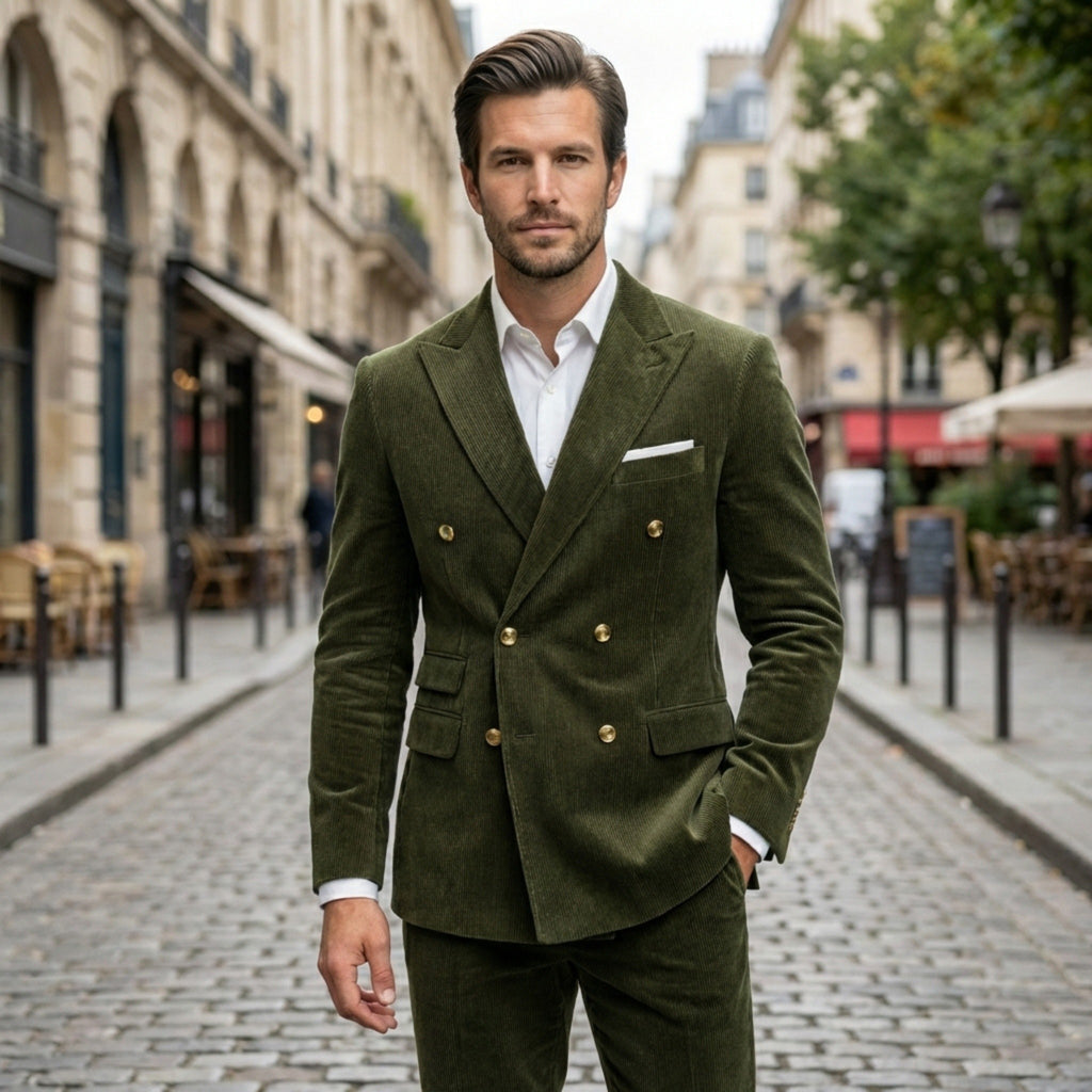 Men’s Tailored Double Breasted Suit Set – Six Button Corduroy