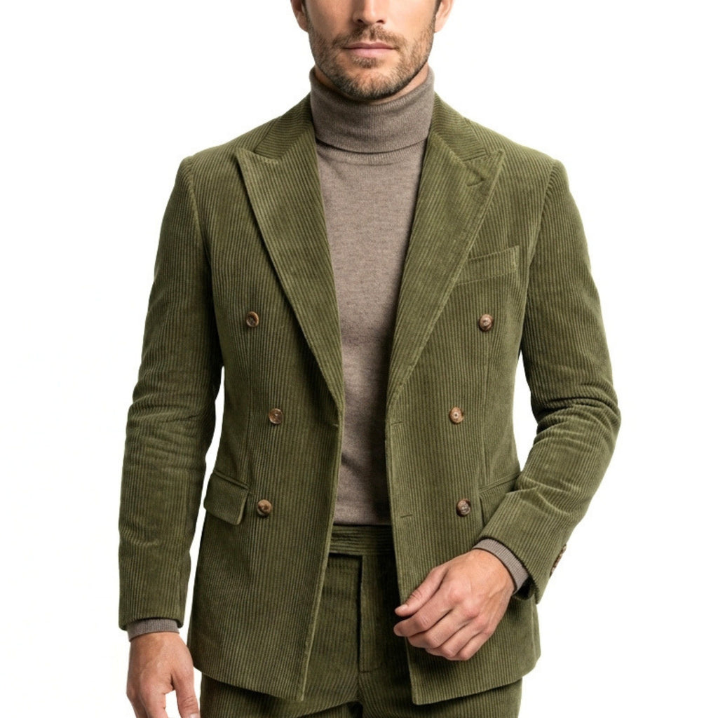 Men’s Tailored Double Breasted Suit Set – Six Button Corduroy