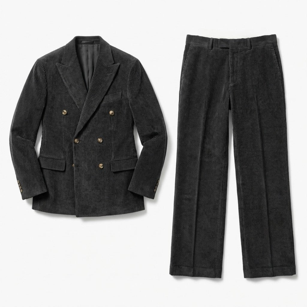 Men’s Tailored Double Breasted Suit Set – Six Button Corduroy