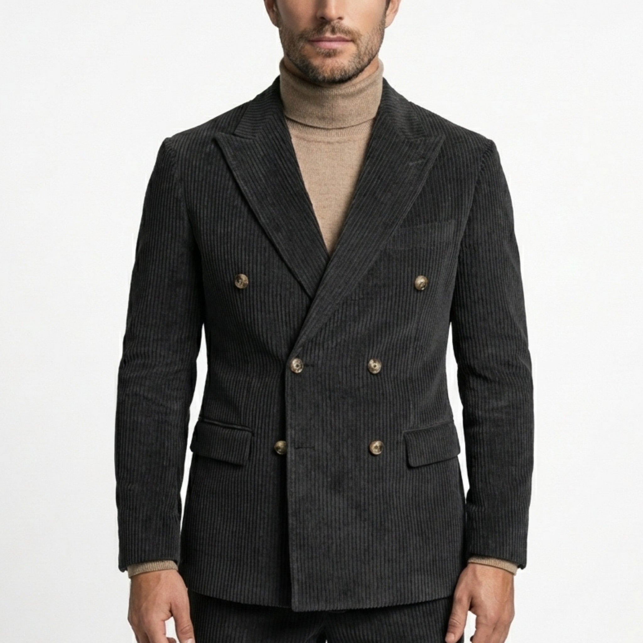 Men’s Tailored Double Breasted Suit Set – Six Button Corduroy