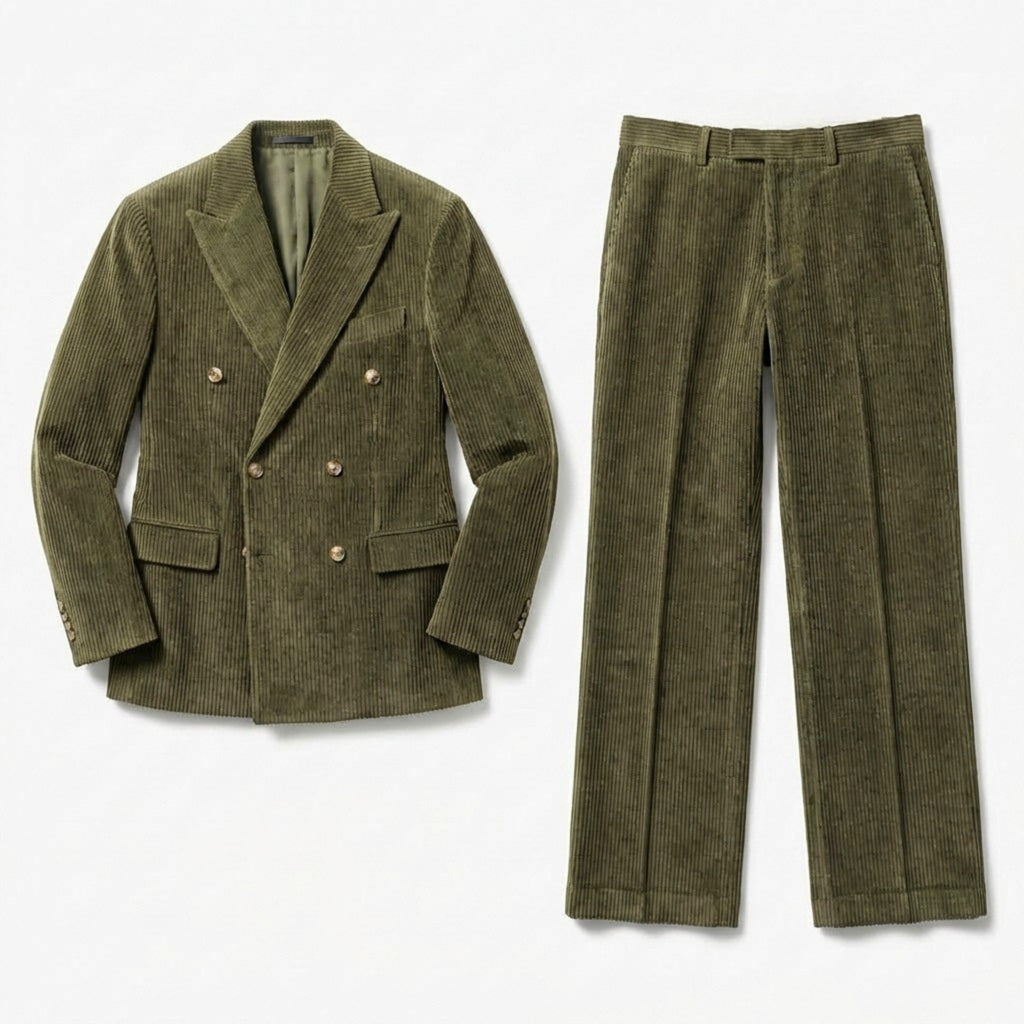 Men’s Tailored Double Breasted Suit Set – Six Button Corduroy