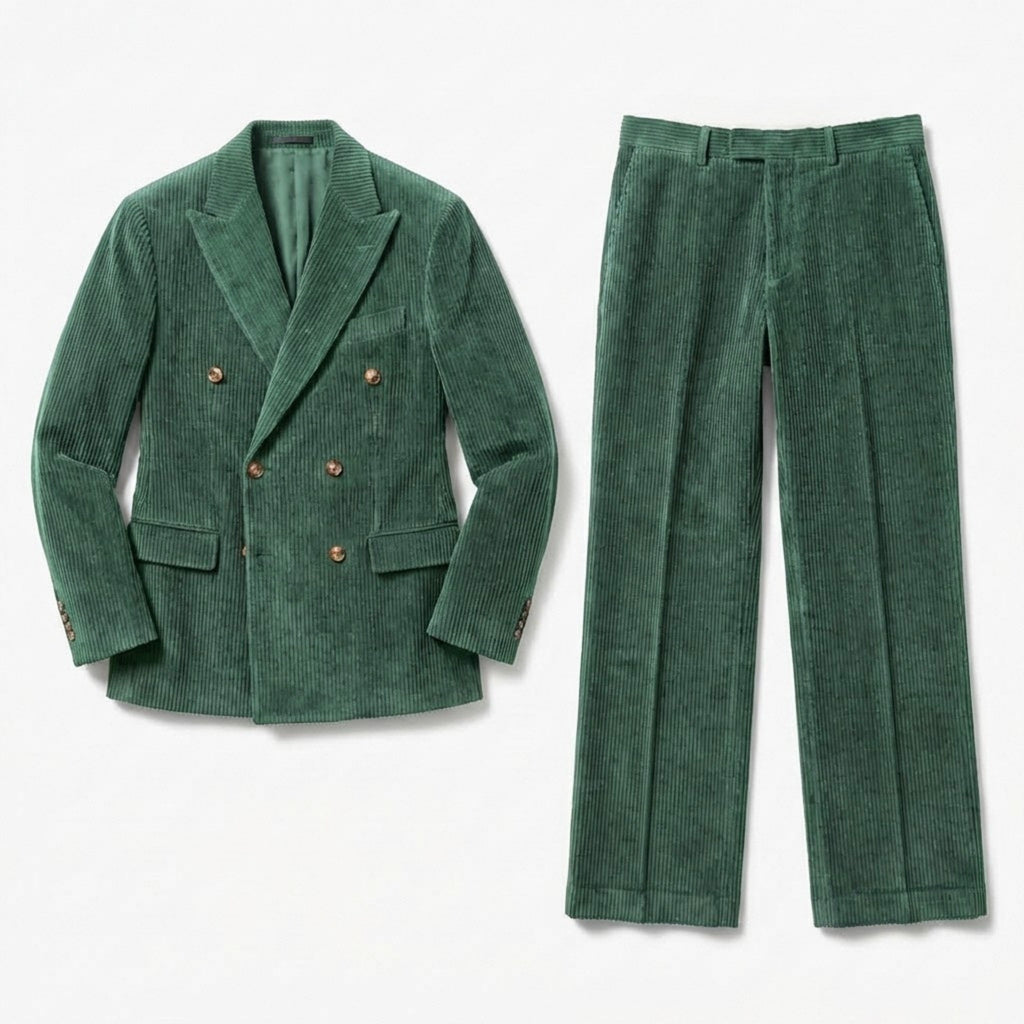Men’s Tailored Double Breasted Suit Set – Six Button Corduroy